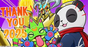 1boy 2025 armor closed_eyes digimon digimon_(creature) digimon_beatbreak digimon_story:_time_stranger facial_hair gecko gekkomon gold_armor gold_helmet grey_hair jupitermon jupitermon_wrath_mode mustache official_art panda purple_background red_scarf scarf thank_you tongue tongue_out