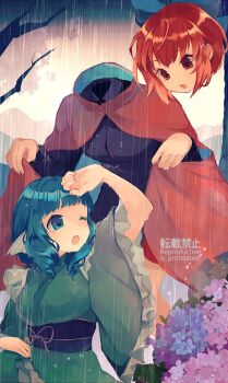 2girls black_shirt blue_bow blue_hair bow cape cloak disembodied_head drill_hair drill_sidelocks efxc fins floating_head frilled_kimono frills green_kimono hair_bow head_fins headless high_collar japanese_clothes kimono kneeless_mermaid long_sleeves mermaid miniskirt monster_girl multiple_girls obi red_cloak red_eyes red_hair red_skirt sash sekibanki shirt short_hair sidelocks skirt touhou wakasagihime wide_sleeves