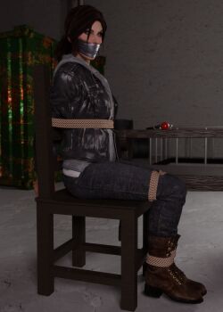 1girl 3d arms_behind_back ball_gag bdsm bondage bound bound_ankles bound_arms bound_legs breasts brown_eyes brown_hair chair gag gagged improvised_gag iorel-renders lara_croft tape tape_gag tied_to_chair tomb_raider variant_set