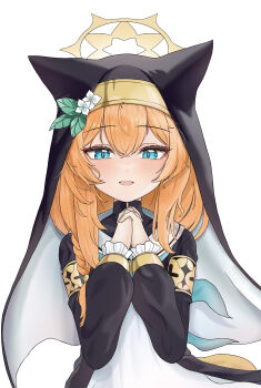 1girl absurdres animal_ears black_jacket black_veil blue_archive blue_eyes blue_neckerchief blush commentary dress halo highres jacket long_hair looking_at_viewer mari_(blue_archive) neckerchief open_clothes open_jacket open_mouth orange_hair own_hands_clasped own_hands_together sidelocks solo user_pnez3722 veil white_dress yellow_halo