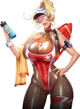 Rule 34 | 1girl, action taimanin, alternate costume, blonde hair, breasts, censored, censored costume, curvy, emily simmons, highleg, highleg one-piece swimsuit, highres, huge breasts, large breasts, lifeguard, lilith-soft, looking at viewer, official alternate costume, official art, one-piece swimsuit, open mouth, red one-piece swimsuit, solo, swimsuit, taimanin (series), torpedo buoy, wide hips