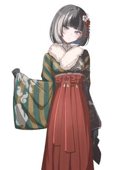 Rule 34 | 1girl, absurdres, black gloves, black hair, black kimono, blunt bangs, bob cut, chinese knot, commentary, cowboy shot, flower, fur shawl, gloves, green kimono, grey streaks, hair flower, hair ornament, hakama, hakama skirt, hand up, highres, hololive, hololive dev is, japanese clothes, juufuutei raden, juufuutei raden (new year), kanzashi, kimono, lace, lace gloves, long sleeves, looking at viewer, multicolored hair, multicolored kimono, print kimono, red hakama, shawl, shintakumin, short hair, simple background, skirt, sleeves past wrists, solo, standing, streaked hair, tassel, transparent background, two-tone hair, virtual youtuber, yellow kimono