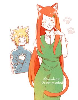 1boy 1girl animal_ears arm_behind_back blonde_hair breasts cat_boy cat_ears cat_girl cat_tail closed_eyes commentary dress film_grain green_dress hair_ornament hairclip highres husband_and_wife kemonomimi_mode large_breasts long_hair namikaze_minato naruto_(series) onka_(aun_ka28) red_hair tail turtleneck twitter_username uzumaki_kushina very_long_hair watermark