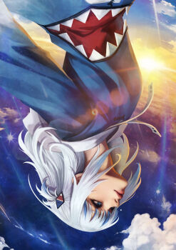 1girl absurdres blue_eyes blue_hair blue_hoodie commentary english_commentary gawr_gura gawr_gura_(1st_costume) grey_hair hair_ornament highres hololive hololive_english hood hoodie monori_rogue multicolored_hair paid_reward_available shark_hair_ornament shark_print solo streaked_hair sunset upside-down virtual_youtuber
