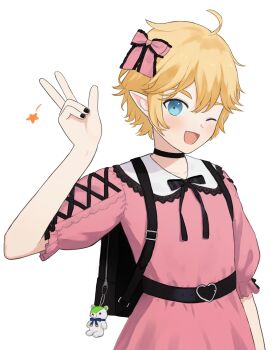 Rule 34 | 1boy, ;d, ahoge, alternate costume, androgynous, aotu world, backpack, bag, belt, black bag, black belt, black bow, black choker, black nails, black ribbon, blonde hair, blue eyes, blush, bow, charm (object), chinese commentary, choker, commentary request, crossdressing, crossdressing (mtf), dress, fang, frilled bow, frilled dress, frills, hair bow, hair ribbon, hand up, heart, highres, king (aotu world), looking at viewer, male focus, nail polish, one eye closed, open mouth, pink bow, pink dress, pointy ears, puffy sleeves, ribbon, short hair, short sleeves, simple background, smile, solo, star (symbol), trap, velvet11, w, white background