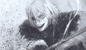 1boy armor blood blood_on_face blood_splatter bloodshot_eyes breastplate commentary_request crazy_smile dimitri_alexandre_blaiddyd dimitri_alexandre_blaiddyd_(timeskip) eyepatch fire_emblem fire_emblem:_three_houses fur_trim greyscale highres male_focus monochrome neroneroblack nintendo one_eye_covered open_mouth polearm smile snowing solo teeth upper_body weapon wide-eyed