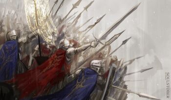 6+others absurdres ambiguous_gender armor banner blue_cape cape commentary cowboy_shot dark_souls_(series) dark_souls_iii english_commentary gauntlets grey_background highres holding holding_banner holding_polearm holding_shield holding_sword holding_weapon knight lothric_knight multiple_others pauldrons polearm red_cape shield shoulder_armor spear standard_bearer sword temmaru1 weapon