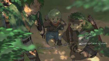 3boys 91007 arrow_(projectile) bow_(weapon) boyd_(fire_emblem) closed_eyes commentary_request fingerless_gloves fire_emblem fire_emblem:_path_of_radiance gloves green_eyes green_hair highres multiple_boys nintendo open_mouth oscar_(fire_emblem) quill rolf_(fire_emblem) weapon