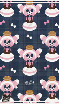 :> animal_focus black_bow bow character_name food food_on_head gen_7_pokemon highres looking_at_viewer macaron meme_(sleepsheep) nintendo no_humans object_on_head on_head pink_bow pokemon pokemon_(creature) pokemon_focus star_(symbol) star_in_eye stufful symbol_in_eye white_bow