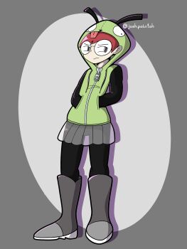 1girl absurdres boots gir_(dog_costume)_(invader_zim) gir_(invader_zim) glasses grey_boots highres hood hoodie invader_zim josh.pointoh nintendo penny_(pokemon) pokemon pokemon_sv round_eyewear see-through_clothes see-through_skirt skirt
