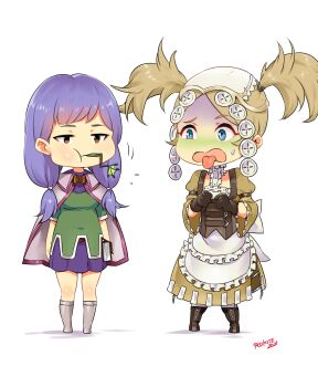 2girls absurdres blonde_hair blue_eyes cape commission corset dress fire_emblem fire_emblem:_radiant_dawn fire_emblem_awakening frog headdress highres ilyana_(fire_emblem) lissa_(fire_emblem) long_hair low-tied_long_hair multiple_girls nintendo pink_cape purple_eyes purple_hair redkite333 short_twintails twintails yellow_dress