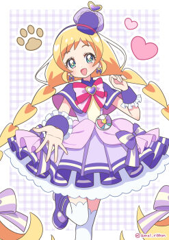 Rule 34 | 1girl, :d, amai ribbon, blonde hair, blue eyes, blush, border, bow, bow earrings, braid, bright pupils, brooch, capelet, chest bow, commentary, cowboy shot, cure friendy, curled fingers, deerstalker, dot nose, dress, dress bow, earrings, frilled wrist cuffs, frills, hair bow, hand up, hat, hat ornament, heart, heart hat ornament, highres, inukai iroha, jewelry, layered dress, leg up, long hair, looking at viewer, low-tied long hair, low twin braids, magical girl, multicolored bow, open hand, open mouth, outline, outside border, outstretched hand, pact holder, paw print, petticoat, pink bow, plaid background, pouch, precure, purple background, purple capelet, purple dress, purple hat, purple shoes, purple wrist cuffs, reaching, reaching towards viewer, shoes, short dress, sleeveless, sleeveless dress, smile, solo, spread fingers, standing, standing on one leg, striped bow, thighhighs, tilted headwear, twin braids, twitter username, very long hair, white border, white outline, white thighhighs, wonderful pact, wonderful precure!, wrist cuffs, yellow pupils, zettai ryouiki