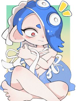 1girl ^^^ blush capelet chest_sarashi crossed_arms crossed_legs embarrassed frown hair_over_one_eye looking_down navel nejiri_hachimaki nintendo red_eyes sarashi shiver_(deep_cut_outfit)_(splatoon) shiver_(splatoon) sitting solo splatoon_(series) splatoon_3 surprised sweatdrop tentacle_hair wardrobe_malfunction wide-eyed
