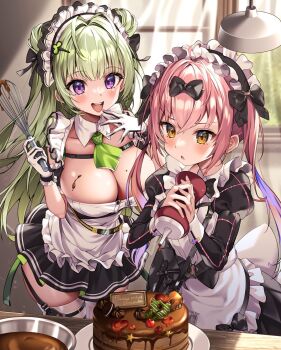 Rule 34 | 2girls, :d, @shun, antenna hair, apron, arm cuffs, ascot, bag, black bow, black bowtie, black gloves, black ribbon, black skirt, blush, bottle, bow, bowtie, breasts, cake, chest strap, chocolate, chocolate cake, chocolate on body, chocolate on breasts, cleavage, clothes writing, cocoa (nikke), collarbone, collared dress, curtains, detached collar, double bun, dress, food, food on body, frills, gloves, goddess of victory: nikke, gradient hair, green ascot, hair between eyes, hair bow, hair bun, hair ornament, hair ribbon, hairclip, heart antenna hair, highres, holding, holding bottle, holding whisk, indoors, juliet sleeves, large breasts, light green hair, lolita fashion, long hair, long sleeves, maid, maid apron, maid headdress, mixing bowl, mole, mole on breast, multicolored hair, multiple girls, multiple hair bows, open mouth, pink hair, pleated skirt, puffy sleeves, purple eyes, purple hair, ribbon, satchel, sidelocks, skirt, sleeveless, small breasts, smile, soda (nikke), thighhighs, triangle mouth, twintails, two-tone gloves, whisk, white apron, white gloves, white thighhighs, window, yellow eyes