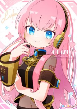 1girl 421ooouy black_vest blue_eyes blush breasts character_name closed_mouth commentary detached_sleeves gold_trim hand_on_own_arm headset heart highres long_hair looking_at_viewer medium_breasts megurine_luka midriff navel pink_hair see-through_clothes shoulder_tattoo single_detached_sleeve smile solo sparkle tattoo twitter_username upper_body vest vocaloid