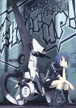 Rule 34 | 1girl, ahoge, blue eyes, blue hair, blue theme, boots, female focus, full body, graffiti, head rest, highres, hover bike, knees together feet apart, looking at viewer, original, science fiction, short hair, short sleeves, sitting, skirt, solo, tsukuba masahiro, v