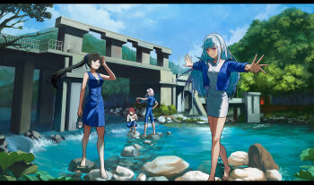 4girls absurdres ange_katrina barefoot black_hair blue_dress blue_sky bridge dress highres higuchi_kaede imageprogram_(kent) jacket lize_helesta multiple_girls nijisanji open_clothes open_jacket red_hair rock shirt sky tree tsukino_mito twintails virtual_youtuber water waterfall white_hair white_shirt
