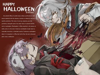 Rule 34 | 1boy, 1other, :d, airtree, black coat, black sclera, blue eyes, blue necktie, brown hair, brown jacket, brown shorts, clenched teeth, coat, colored sclera, english text, feet out of frame, glasses, gloves, grey hair, hand up, happy halloween, heterochromia, highres, jacket, looking at another, lying, mask, mask on head, medicine pocket, medicine pocket (the cosmos photographer), medium hair, mismatched sclera, multicolored hair, necktie, official alternate costume, on back, open mouth, red gloves, reverse:1999, shirt, short hair, shorts, smile, straddling, teeth, white hair, white shirt, x (breathing in silence) (reverse:1999), x (reverse:1999), yellow eyes