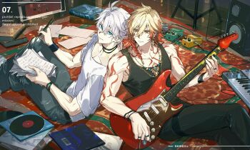 2boys absurdres antenna_hair arm_tattoo black_choker black_shirt blonde_hair blue_eyes braid chest_tattoo choker earrings facial_tattoo gold_earrings gold_necklace gradient_hair guitar hair_between_eyes highres instrument jewelry keyboard_(instrument) male_focus migan multicolored_hair multiple_boys mydei_(honkai:_star_rail) neck_tattoo necklace pen phainon_(honkai:_star_rail) red_hair red_tattoo shirt short_hair side_braid sun_symbol sun_tattoo tan tank_top tattoo toned toned_male vinyl_record white_hair white_shirt yellow_eyes