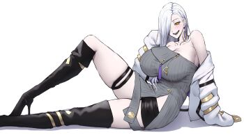 Rule 34 | 1girl, bare shoulders, blush, breasts, cleavage, commentary request, dress, earrings, eyeliner, fate/grand order, fate (series), grey dress, hair over one eye, hebi nyoubou (fate), highres, hoop earrings, jacket, jewelry, large breasts, long hair, long sleeves, looking at viewer, makeup, mrs. snake (second ascension) (fate), open mouth, shiroshisu, smile, solo, sweater, sweater dress, tassel, white jacket