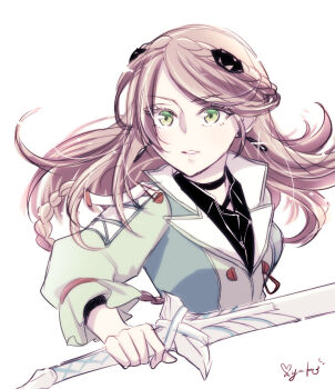 Rule 34 | 1girl, big head, black choker, braid, brown hair, choker, crown braid, earrings, eiyuu densetsu, elaine auclair, floating hair, glint, green eyes, holding, holding sword, holding weapon, jewelry, kuro no kiseki, kuro no kiseki (series), kuro no kiseki ii, long hair, long sleeves, mayu (cocomayura), parted bangs, portrait, puffy long sleeves, puffy sleeves, signature, simple background, single braid, solo, sword, upper body, weapon, white background