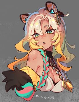 1girl animal_ears blonde_hair braid breasts cleavage commentary_request cropped_torso genshin_impact green_eyes grey_background highres jewelry leopard_ears pendant signature ukata vision_(genshin_impact) xilonen_(genshin_impact)