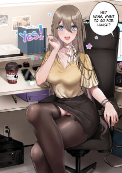 1girl :d bag black_skirt black_thighhighs blue_nails blush book bracelet breasts cat cellphone chair computer computer_tower crossed_legs cubicle cup disposable_cup earrings elbow_rest english_text expulse feet_out_of_frame hair_between_eyes half_updo handbag indoors jewelry large_breasts light_brown_hair long_hair looking_at_viewer monitor computer_mouse nail_polish neck_ribbon office_chair office_lady open_mouth original out_of_frame paper_stack pencil_skirt phone photo_(object) ribbon shirt sitting skirt smartphone smile solo speech_bubble swivel_chair thighhighs tile_floor tiles very_long_hair yellow_shirt yes