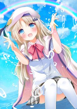 Rule 34 | 1girl, :d, absurdres, asahina yori, bat hair ornament, beret, blue eyes, blush, bow, bowtie, cape, commentary request, commission, convenient leg, day, dutch angle, eyes visible through hair, fang, feet out of frame, grey hair, grey skirt, hair ornament, hands up, happy, hat, highres, little busters!, little busters! school uniform, long hair, looking at viewer, miniskirt, noumi kudryavka, open mouth, outdoors, outstretched hand, parted bangs, pink bow, pink bowtie, plaid clothes, plaid skirt, rainbow, school uniform, shirt, skeb commission, skirt, smile, solo, splashing, thighhighs, very long hair, water, water drop, white cape, white hat, white shirt, white thighhighs