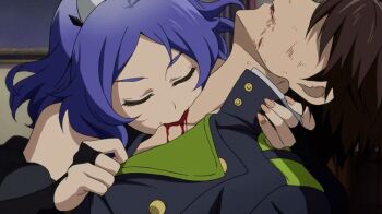 10s 1boy 1girl animated animated_gif anime_screenshot bare_shoulders biting blood blood_sucking brown_hair chess_belle fang military military_uniform owari_no_seraph purple_hair red_eyes short_hair vampire