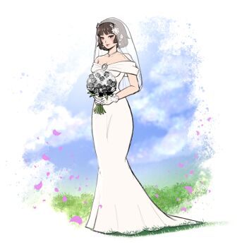1girl absurdres bouquet braid bridal_veil brown_hair dress earrings flower full_body gloves hair_ornament highres jewelry lipstick makeup moonllita necklace niijima_makoto persona persona_5 red_eyes see-through_clothes short_hair veil wedding_dress