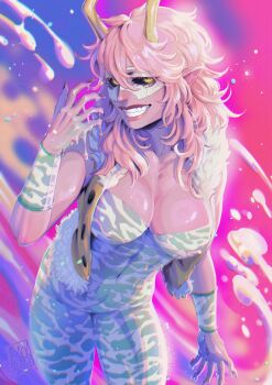 1girl ashido_mina black_sclera blackberreh-art boku_no_hero_academia breasts colored_sclera colored_skin fur-trimmed_vest fur_trim grin highres horns lips long_hair pink_hair pink_skin pointy_ears smile solo teeth unitard vest yellow_eyes yellow_horns