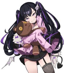 Rule 34 | 1girl, artist request, belt, belt collar, black belt, black dress, black garter straps, black hair, collar, collarbone, demon tail, dress, feather boa, garter straps, highres, holding, holding stuffed toy, jacket, long hair, moon momo, multicolored hair, pink jacket, purple eyes, purple hair, purple ribbon, ribbon, second-party source, shadow, single fishnet legwear, single garter strap, single thighhigh, sleeves past fingers, sleeves past wrists, smile, solo, streaked hair, stuffed animal, stuffed toy, tail, teddy bear, thighhighs, twintails, vlyz, wing hair ornament