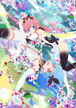 Rule 34 | 2girls, absurdres, bare shoulders, blue eyes, blue hair, breasts, bridal gauntlets, butterfly hair ornament, butterfly ornament, dress, flat chest, flip flappers, flower, gloves, hair ornament, highres, kojima takashi, kokomine cocona, long hair, looking at viewer, lying, magical girl, multiple girls, no bra, on back, open mouth, papika (flip flappers), partially submerged, petals, pink hair, plunging neckline, pond, red eyes, side slit, small breasts, smile, water