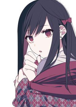 1girl absurdres black_hair chihara_mai commentary_request earrings highres jewelry jirai_nan_desu_ka?_chihara-san long_hair looking_at_viewer parted_lips plaid_clothes red_eyes red_nails ryon_(ryonhei) simple_background solo unmoving_pattern upper_body white_background