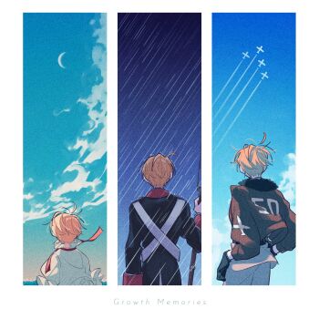 3boys age_progression america_(hetalia) axis_powers_hetalia black_gloves blonde_hair blue_coat bomber_jacket border brown_jacket child cloud coat commentary_request contrail crescent_moon english_text film_grain frilled_shirt frills from_behind gloves grey_pants gun highres holding holding_gun holding_weapon jacket male_focus moon multiple_boys musket neck_ribbon pants rain red_ribbon ribbon sheer_candy shirt sky weapon white_border white_shirt