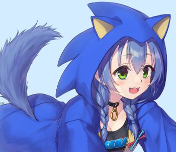 :d absurdres animal_ears black_choker black_shirt blue_background blue_hair blue_jacket braid braided_twintails breasts character_hood choker cleavage commentary_request double-parted_bangs fangs green_eyes hair_between_eyes highres hololive hood hood_up hooded_jacket inugami_korone inugami_korone_(sonikoro) jacket leaning_forward long_hair low_twin_braids low_twintails medium_breasts o-ring o-ring_choker official_alternate_costume official_alternate_eye_color official_alternate_hair_color open_mouth raised_eyebrows sega shirt simple_background smile sonic_(series) sonic_the_hedgehog traveler_(artbbt) twin_braids twintails virtual_youtuber