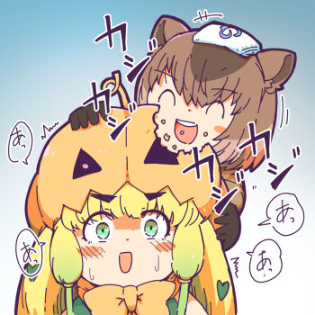 2girls animal_ears bare_shoulders blonde_hair blush bow bowtie brown_gloves brown_hair capybara_(kemono_friends) capybara_ears capybara_girl closed_eyes commentary_request eating gloves green_eyes hair_between_eyes jack-o&#039;-lantern_(kemono_friends) kemono_friends light_brown_hair long_hair multicolored_hair multiple_girls numazoko_namazu open_mouth orange_bow orange_bowtie pumpkin_hat short_hair sidelocks smile towel towel_on_head translation_request two-tone_hair