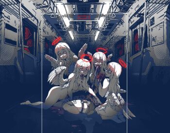 5girls angel angel_wings ass barefoot blood blood_on_breasts blood_on_face blood_on_ground blood_on_hands blood_on_leg blood_splatter breasts broken_halo cannibalism closed_mouth commentary completely_nude corpse english_commentary english_text feathered_wings guro hair_between_eyes halo head_wings highres holding horror_(theme) human_meat_consumption intestines juniper_(artist) long_hair looking_at_viewer low_wings medium_breasts multiple_girls no_nipples nude o-ring o-ring_thigh_strap open_mouth original parted_lips red_eyes red_halo seiza sharp_teeth sitting smile teeth thick_eyelashes thigh_strap train_interior wings