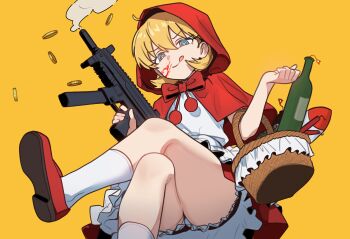 1girl absurdres b.b._hood basket blonde_hair blood blood_on_cheek blood_on_face bloomers blue_eyes bottle bright_pupils capelet crossed_legs darkstalkers ebora gun h&amp;k_ump highres holding holding_basket holding_gun holding_weapon machine_gun red_capelet red_hood red_shoes shoes short_hair simple_background socks solo submachine_gun thighs underwear weapon white_bloomers white_pupils white_socks wine_bottle yellow_background