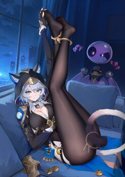 1girl absurdres animal_ear_fluff animal_ears animal_hood ass black_leotard blue_eyes breasts cat_ears cat_girl cat_hood cat_tail cipher_(honkai:_star_rail) cleavage commentary_request couch feet foot_focus grey_hair hands_on_feet high_heels highres holding holding_key holding_with_tail honkai:_star_rail honkai_(series) hood hooded_leotard indoors key large_breasts le_(huanglongen) legs legs_up leotard mole mole_on_breast night night_sky on_couch pantyhose prehensile_tail shoes short_hair_with_long_locks sky smile soles spirithief_bartholos_(honkai:_star_rail) tail thighs toes unworn_shoes window