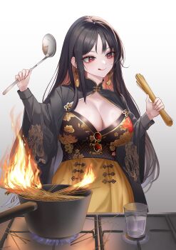 1girl :q absurdres black_dress black_hair breasts burnt_food china_dress chinese_clothes cleavage cleavage_cutout clothing_cutout commentary cooking dragon_print dress earrings fire food glass goddess_of_victory:_nikke gradient_background grey_background hands_up highres jewelry kimright0 ladle large_breasts long_hair long_sleeves moran_(nikke) multicolored_dress pasta red_eyes solo spaghetti stove sunglasses tassel tassel_earrings tongue tongue_out very_long_hair water yellow_dress you're_doing_it_wrong
