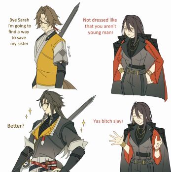 1boy 1girl black_hair black_jacket black_sweater bracelet brown_hair brown_tail chinese_clothes closed_eyes coat coat_on_shoulders commentary cowboy_shot droopy_ears english_commentary english_text facial_mark forehead_mark glasses green_eyes grey_vest hair_intakes hand_on_own_hip hands_on_own_hips highres holding holding_sword holding_weapon jacket jewelry kuro_lee long_hair looking_at_another meme necklace orange_vest pants parted_bangs parted_lips red_eyes red_pupils sarah_(zenless_zone_zero) simple_background sparkle sweater sword transformation turtleneck turtleneck_sweater twitter_username v-shaped_eyebrows vest weapon white_background white_pants yas_bitch_slay_(meme) ye_shiyuan zenless_zone_zero