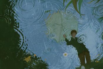 1boy black_coat brown_hair brown_pants coat commentary_request flower fucha grass highres holding holding_umbrella leaf looking_at_viewer mahou_tsukai_no_yoru pants puddle rain reflection reflection_focus reflective_liquid ripples shizuki_soujuurou shoes solo striped_clothes umbrella vertical-striped_clothes water_drop white_shoes