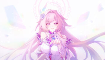 :d absurdres breasts clothing_cutout commentary_request cyrene_(demiurge)_(honkai:_star_rail) cyrene_(honkai:_star_rail) diamond-shaped_pupils diamond_(shape) dress flower hair_flower hair_intakes hair_ornament halo highres honkai:_star_rail honkai_(series) jewelry long_hair looking_at_viewer mykytk open_mouth pink_hair pink_halo pink_pupils pointy_ears purple_eyes purple_flower purple_rose ring rose shoulder_cutout smile symbol-shaped_pupils upper_body white_dress