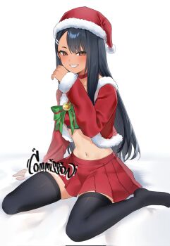 1girl asymmetrical_bangs asymmetrical_hair black_hair blush choker christmas earclip fang hair_ornament hairclip hat highres ijiranaide_nagatoro-san kneeling long_hair midriff nagatoro_hayase orange_eyes red_choker red_skirt santa_costume santa_hat simple_background skirt smile tan tanline thighhighs white_background xiye_(hmrr2738)
