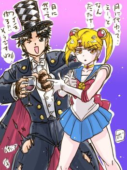 2boys bishoujo_senshi_sailor_moon bishounen blonde_hair blue_hair blue_sailor_collar boingo_(oingo-boingo) bow choker crescent_choker crossdressing crossover dio_brando ear_birthmark elbow_gloves formal_clothes gloves heart highres jojo_no_kimyou_na_bouken jonathan_joestar long_hair magical_girl male_focus multiple_boys orange_eyes phantom_blood red_bow sailor_collar sailor_senshi_uniform smile suit twintails white_gloves