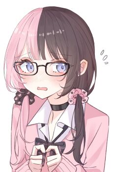 1girl averting_eyes black-framed_eyewear black_bow black_bowtie black_choker black_hair black_scrunchie blue_eyes blush bow bowtie cardigan choker collared_shirt commentary dreamoon fidgeting flying_sweatdrops glasses hair_ornament hair_over_shoulder hair_scrunchie hands_up heart heart_print highres long_hair long_sleeves low_twintails multicolored_hair nose_blush open_mouth pink_cardigan pink_hair pink_scrunchie plaid_bow plaid_bowtie plaid_clothes print_scrunchie scrunchie shirt sideways_glance simple_background sleeveless solo split-color_hair tachibana_hinano twintails two-tone_hair upper_body variant_set virtual_youtuber vspo! white_background white_shirt