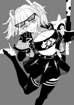 Rule 34 | 1girl, absurdres, breasts, burnice white, crop top, eyewear on head, flamethrower, high heels, highres, holding flamethrower, holding weapon, jacket, large breasts, leg up, looking at viewer, midriff, miniskirt, monochrome, navel, open mouth, skirt, solo, spiked belt, spiked jacket, stomach, strapless, takai isshiki, tube top, two side up, zenless zone zero