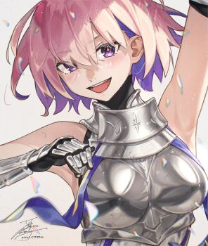 1girl arm_up armor armpits bare_shoulders black_leotard boobplate breastplate breasts broken_glass colored_inner_hair fadingz fate/grand_order fate_(series) gauntlets glass grin heattech_leotard highres large_breasts leotard looking_at_viewer mash_kyrielight mash_kyrielight_(paladin) multicolored_hair open_mouth pink_hair pixiv_id purple_eyes short_hair simple_background sleeveless smile solo star_(symbol) teeth turtleneck upper_body upper_teeth_only white_background