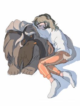 1boy arven_(pokemon) brown_fur brown_hair commentary_request highres long_sleeves looking_at_another lying lying_on_another mabosstiff male_focus medium_hair multicolored_hair naranja_academy_school_uniform ngt_pkpk nintendo on_side orange_pants pants pokemon pokemon_(creature) pokemon_sv school_uniform shirt simple_background socks streaked_hair striped_clothes striped_pants white_background white_shirt white_socks